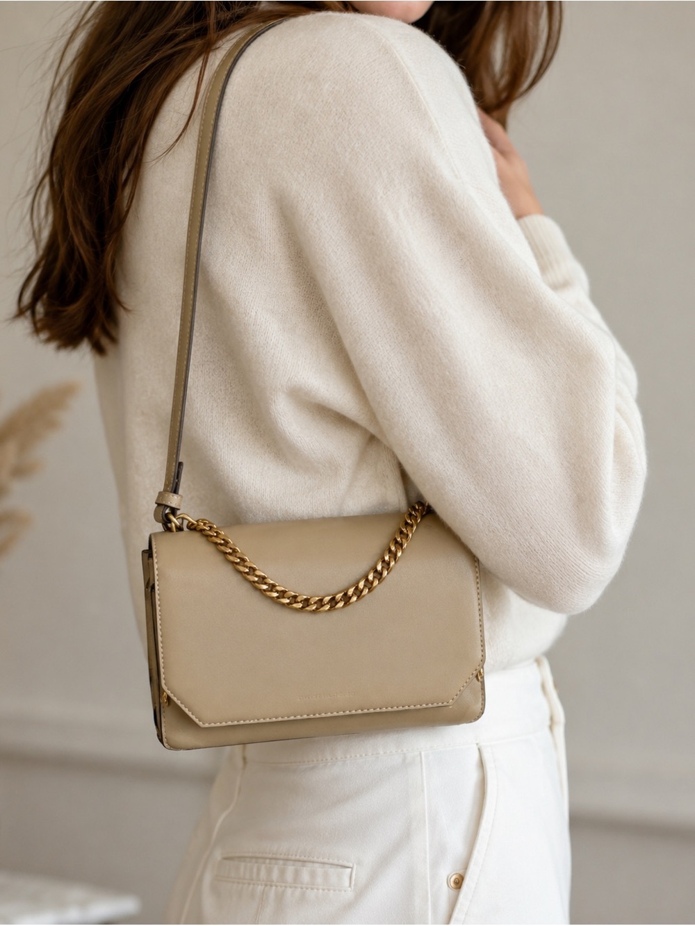 Charles& Keith Khaki Octavia Front Flap Sleek minimalistik design Crossbody Bag.